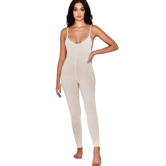 HOUSE OF CB Zahara Milk Marl Summer Lounge Beige Oatmeal Onesie Jumpsuit - Picture 2 of 11